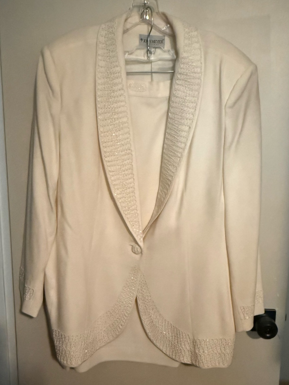 John Meyer of Norwich Cream Midi Suit Jacket with Beaded Shawl Collar and Skirt